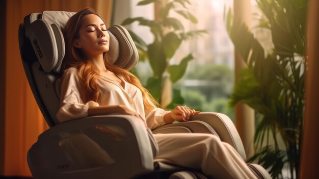 Foto mujer relajándose en un sillón de masaje eléctrico en el salón