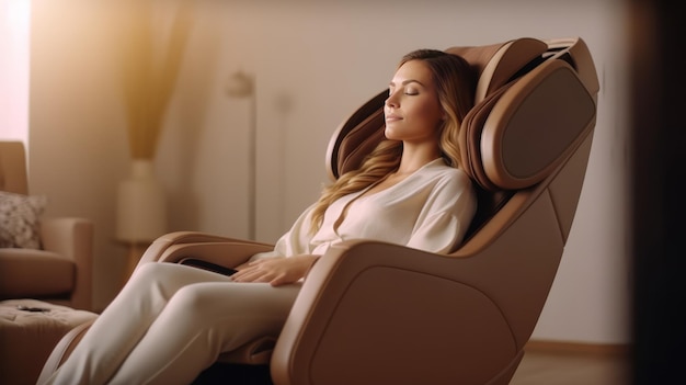 Mujer relajándose en un sillón de masaje eléctrico en el salón