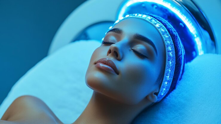 Mujer relajándose durante un tratamiento de terapia facial con luz en un salón de belleza