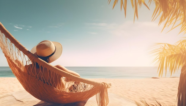 mujer, relajante, en, un, hamaca, en, un, playa