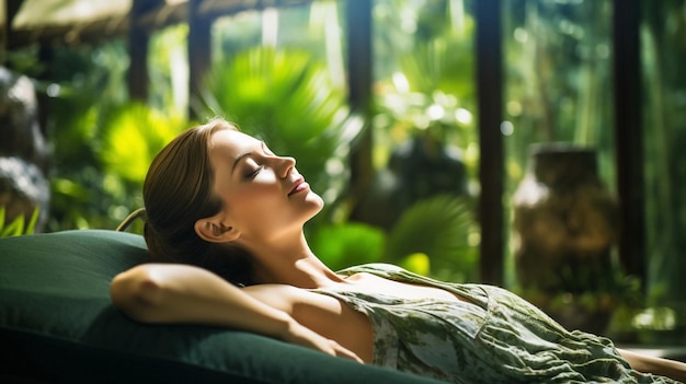 mujer relajante en el spa en un resort tropical