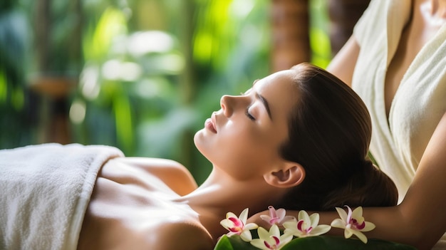 mujer relajante en el spa en un resort tropical