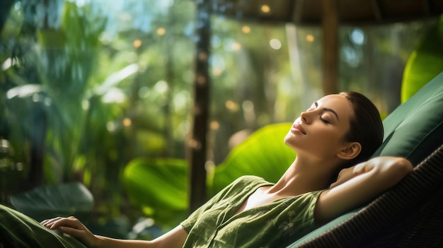 mujer relajante en el spa en un resort tropical