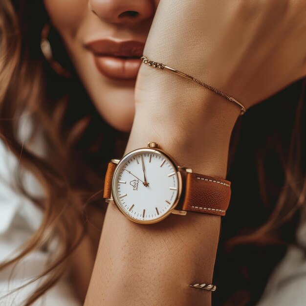 una mujer con un reloj que dice s en él