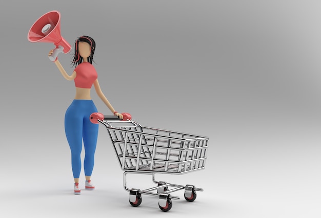 Mujer de renderizado 3D con diseño de ilustración de icono de carro de compras de mega teléfono.