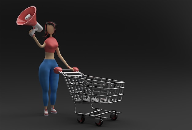 Foto mujer de renderizado 3d con diseño de ilustración de icono de carro de compras de mega teléfono.