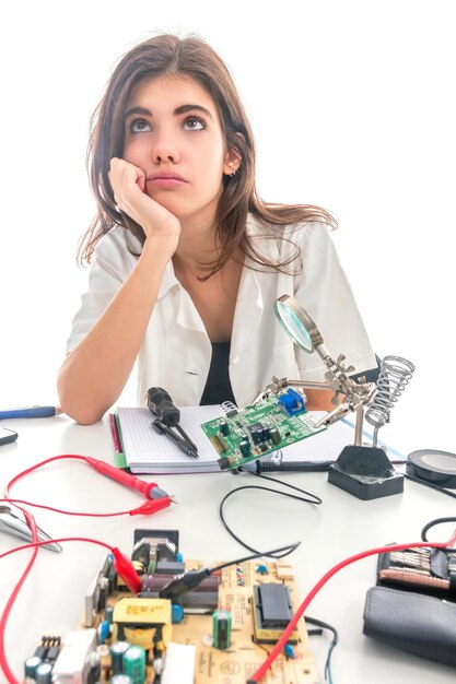 Mujer reparación de piezas de computadora, centro de servicio, servicio de reparación de electrónica