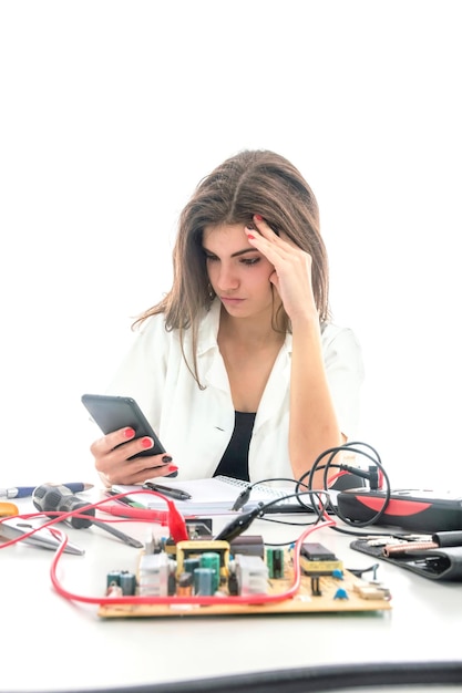 Mujer reparación de piezas de computadora, centro de servicio, servicio de reparación de electrónica