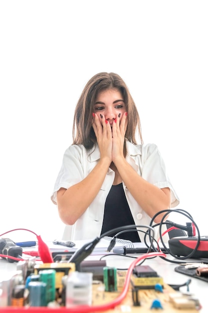 Mujer reparando parte de la computadora, concepto de problemas, problemas del centro de servicio. Servicio de Reparación de Electrónica.