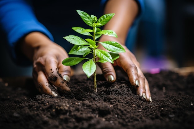 mujer replantando pastos verdes en el jardín de su casa