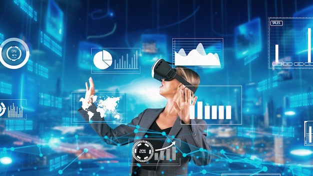 Mujer reportera explicando los datos dinámicos del mercado que apuntan a los datos de VR Contraption