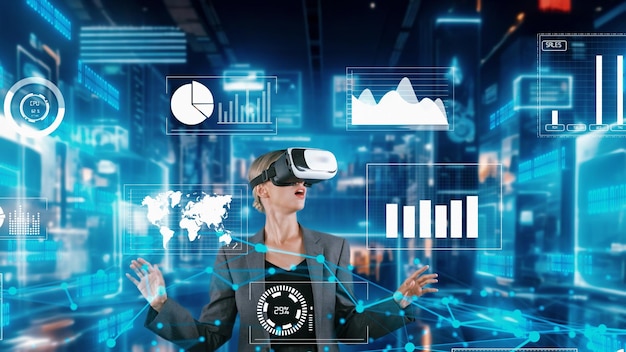Mujer reportera explicando los datos dinámicos del mercado que apuntan a los datos de VR Contraption