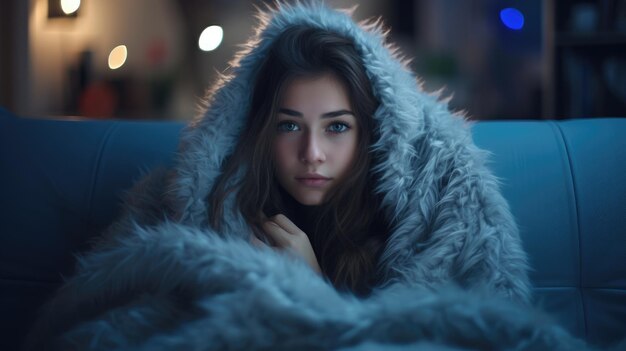Una mujer con un resfriado envuelta en una manta cálida se sienta en el sofá de la habitación en un fondo borroso AI