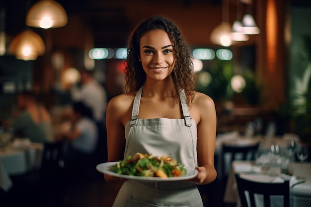 Mujer restaurante sonrisa retrato interior trabajo sosteniendo comida camarero ocupación de pie Generative AI
