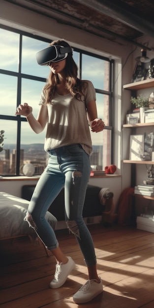 Foto una mujer está retratada con un auricular de realidad virtual en un dormitorio esta imagen se puede usar para ilustrar el concepto de la tecnología de realidad virtual y su uso en espacios personales