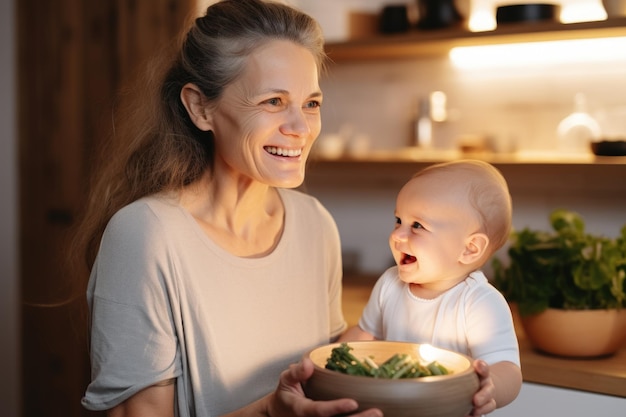 Foto la mujer está retratada sosteniendo un cuenco con el bebé en él esta imagen se puede usar para representar el cuidado infantil de la maternidad o el vínculo familiar