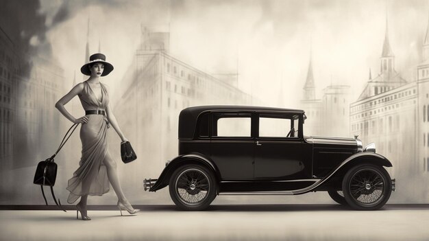 Mujer retro con coche de época en la ciudad