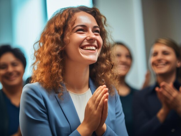 mujer en una reunión de negocios liderando con confianza