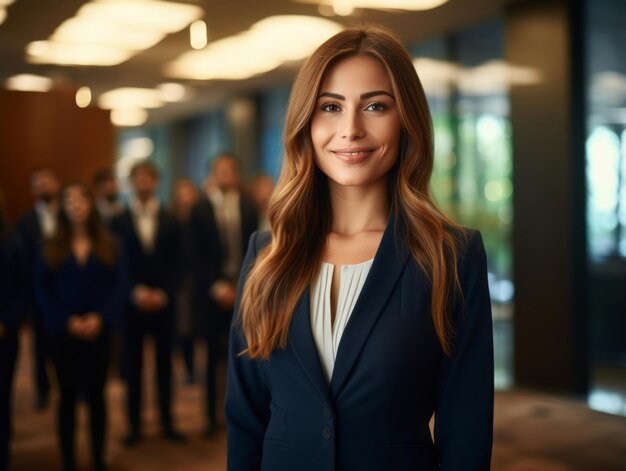 mujer en una reunión de negocios liderando con confianza