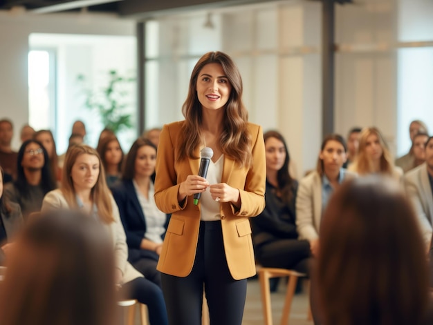 mujer en una reunión de negocios liderando con confianza