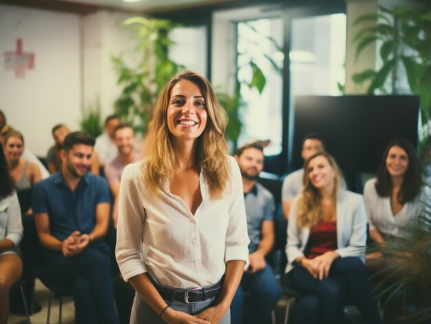 mujer en una reunión de negocios liderando con confianza