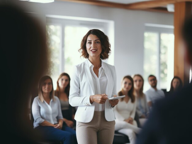 mujer en una reunión de negocios liderando con confianza