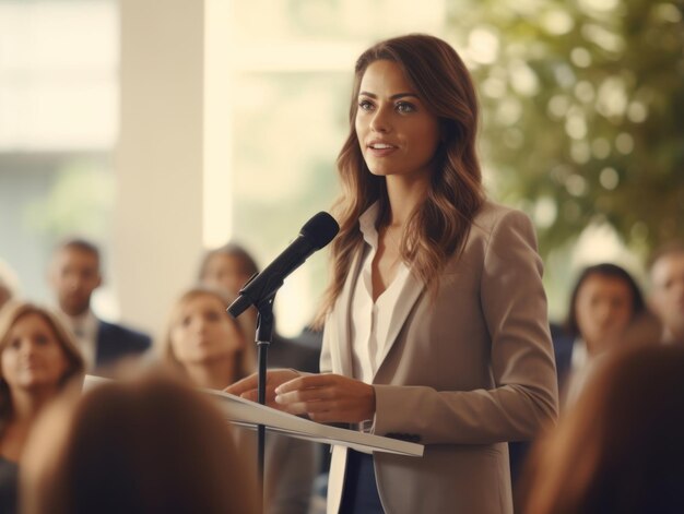 Foto mujer en una reunión de negocios liderando con confianza