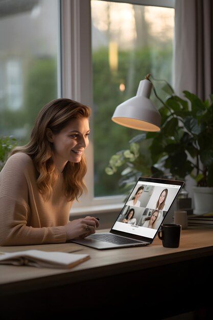 Foto mujer con una reunión virtual en casa