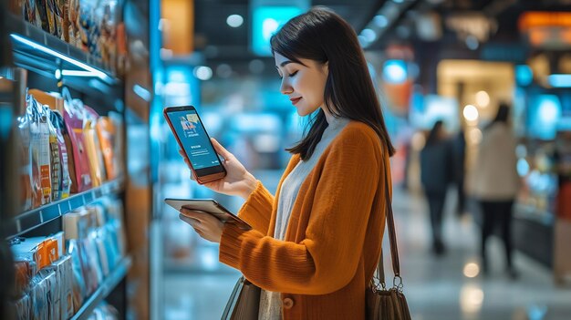 Mujer revisando la lista de compras en una tienda de comestibles