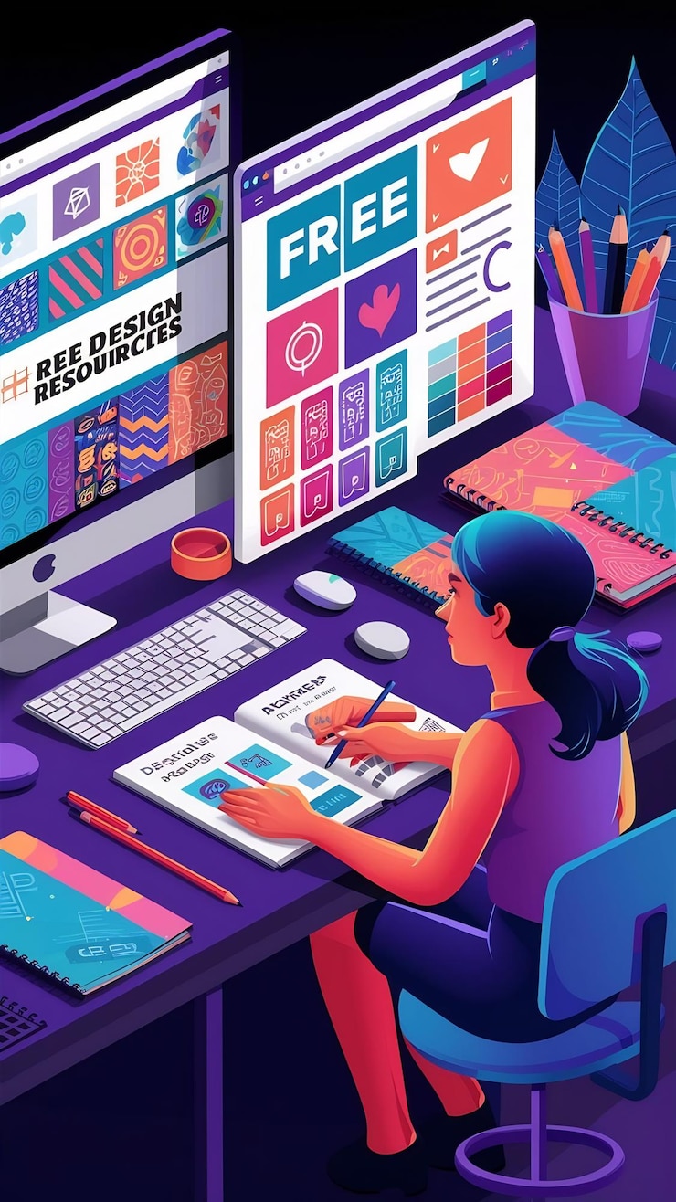Foto mujer revisando recursos de diseño gratuitos en un sitio web