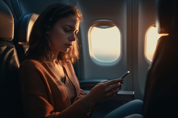 Mujer revisando su teléfono celular mientras vuela en un avión IA generativa