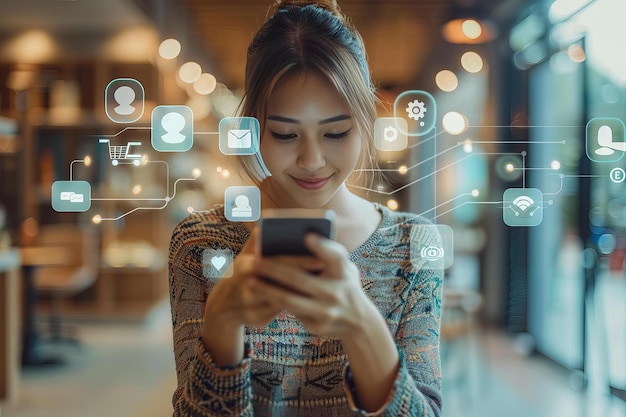 Mujer revisando el teléfono con iconos de redes sociales