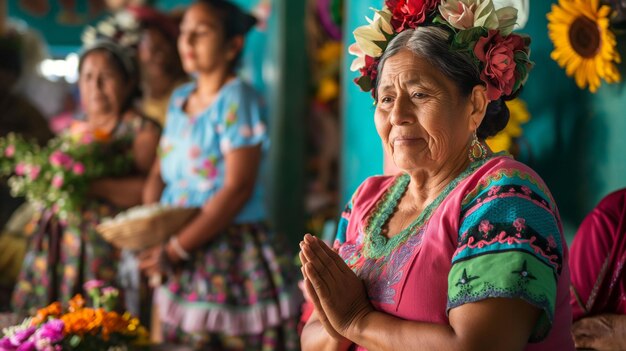 una mujer reza con una corona de flores en el fondo