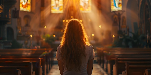 La mujer reza en el fondo de la iglesia borrosa fe y espiritualidad concepto concepto religioso cristianismo oración iglesia espiritualidad