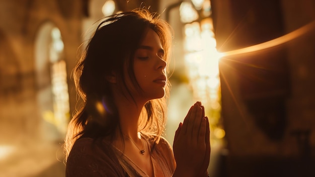 una mujer reza frente a una ventana con el sol brillando a través de sus ojos