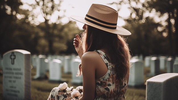 Mujer rezando en un cementerio conmemorativo de los soldados de guerra