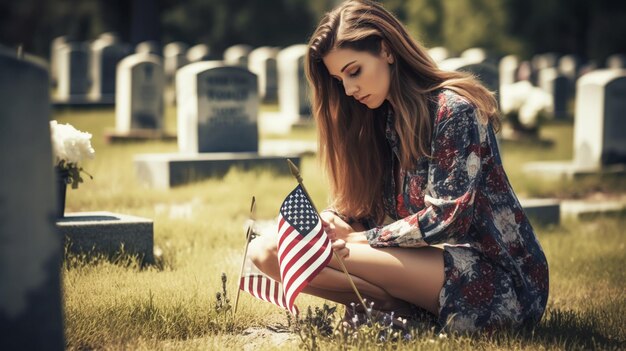 Mujer rezando en un cementerio conmemorativo de los soldados de guerra