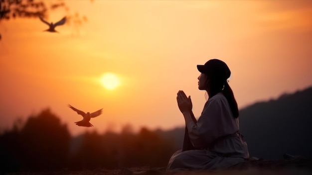 Una mujer rezando frente a una puesta de sol.