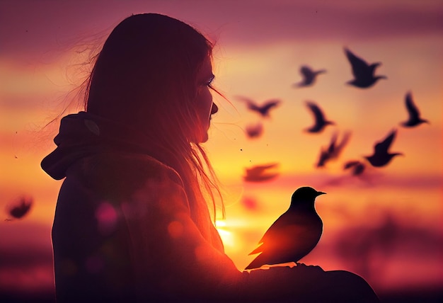 Mujer rezando y pájaro libre disfrutando de la naturaleza en el fondo del atardecer concepto de esperanza Generado por AI