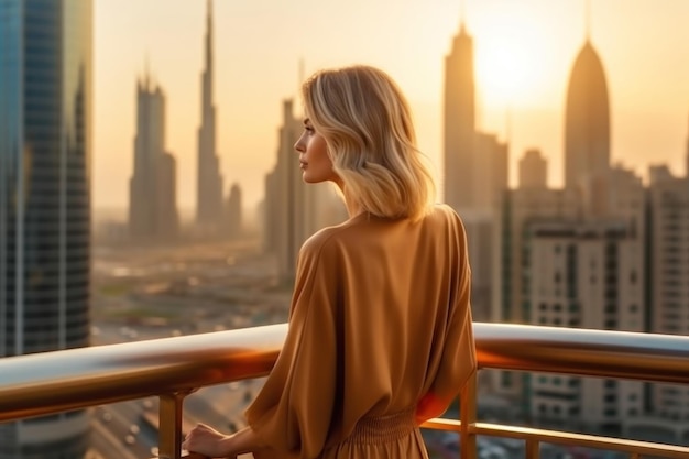 Foto mujer rica y elegante vestida que disfruta del horizonte de dubái visite los emiratos árabes unidos ia generativa