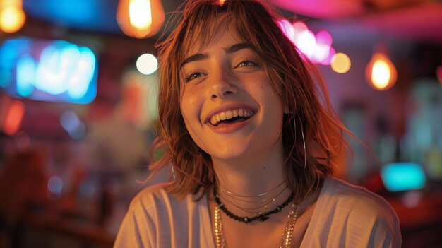 Mujer riendo en un bar con luces de neón