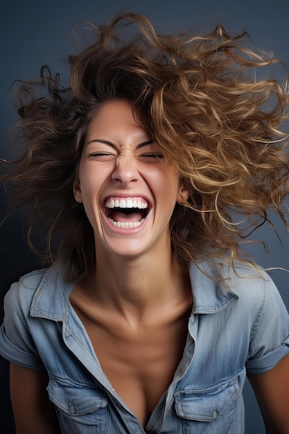 una mujer riendo con el cabello soplando en el viento