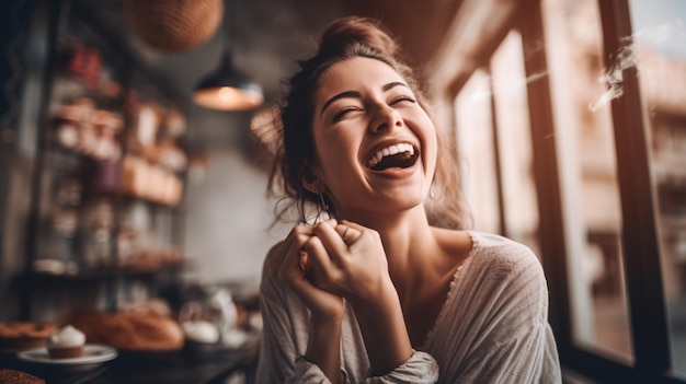 Una mujer riendo en una cocina con una cesta de pan sobre la mesa.