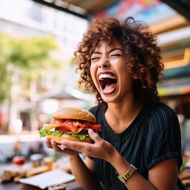 Foto mujer riendo y comiendo una hamburguesa