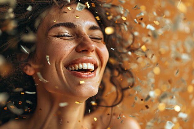 Foto mujer riendo con confeti cayendo de su cabello