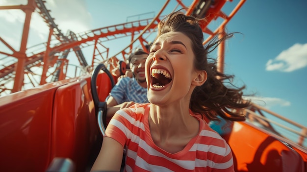 Foto mujer riendo con emoción en la montaña rusa día de verano