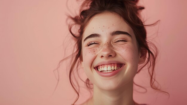 Una mujer riendo en un fondo rosa aislado