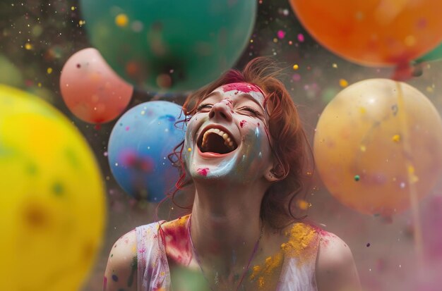 mujer riendo con globos coloridos en el aire