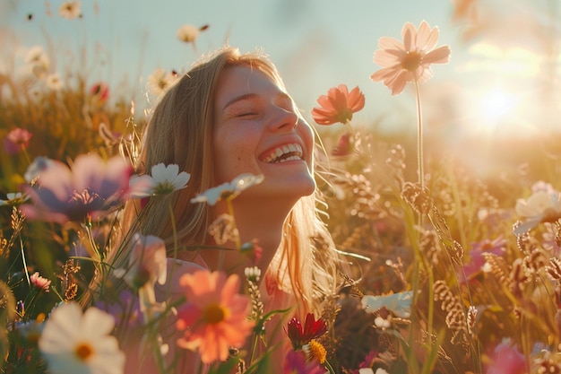 Mujer riendo mientras recoge flores frescas en un fi