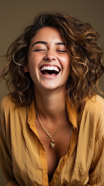 una mujer riendo con los ojos cerrados